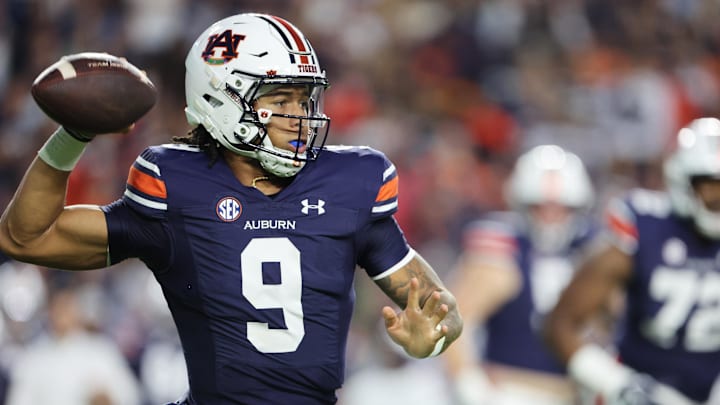Oct 21, 2023; Auburn, Alabama, USA;  Auburn Tigers quarterback Robby Ashford (9) drops back to pass during the first quarter against the Mississippi Rebels at Jordan-Hare Stadium. Mandatory Credit: John Reed-USA TODAY Sports