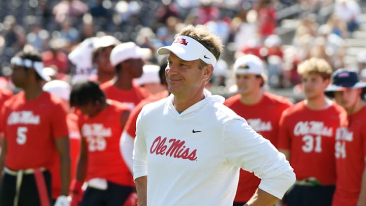 Ole Miss head coach Lane Kiffin watches during the Ole Miss Grove Bowl Games at Vaught-Hemingway Stadium in Oxford, Miss., on Saturday, Apr. 13, 2024.