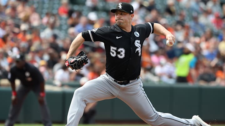 Jun 1, 2025; Baltimore, Maryland, USA; Chicago White Sox pitcher Brandon Eisert (53) throws during the seventh inning against the Baltimore Orioles at Oriole Park at Camden Yards. Mandatory Credit: Daniel Kucin Jr.-Imagn Images