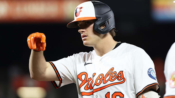 Sep 18, 2025; Baltimore, Maryland, USA; Baltimore Orioles first baseman Coby Mayo (16) celebrates after hitting a single during the second inning against the New York Yankees at Oriole Park at Camden Yards. Mandatory Credit: Daniel Kucin Jr.-Imagn Images