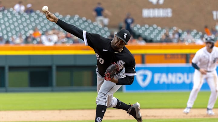 Sep 10, 2023; Detroit, Michigan, USA; Chicago White Sox relief pitcher Gregory Santos (60) throws in the seventh inning against the Detroit Tigers at Comerica Park. Mandatory Credit: David Reginek-Imagn Images
