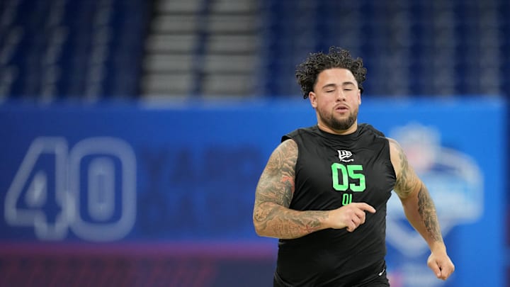 Mar 1, 2026; Indianapolis, IN, USA; Texas A&M offensive lineman Chase Bisontis (OL05) during the NFL Scouting Combine at Lucas Oil Stadium. Mandatory Credit: Kirby Lee-Imagn Images