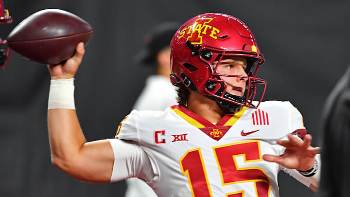 Sep 18, 2021; Paradise, Nevada, USA; Iowa State Cyclones quarterback Brock Purdy (15) warms up