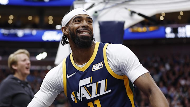 Apr 5, 2022; Salt Lake City, Utah, USA; Utah Jazz guard Mike Conley (11) reached s after a buzzer
