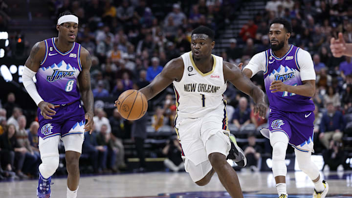 Dec 15, 2022; Salt Lake City, Utah, USA; New Orleans Pelicans forward Zion Williamson (1) drives