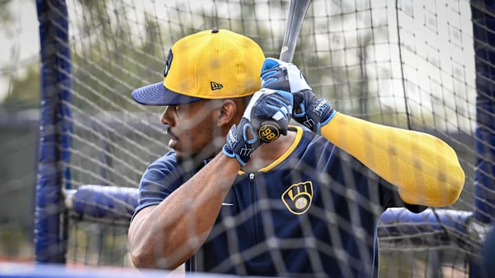 Milwaukee Brewers first baseman Ernesto Martinez Jr. takes batting practice during spring training workouts Monday, February 17, 2025, at American Family Fields of Phoenix in Phoenix, Arizona.
