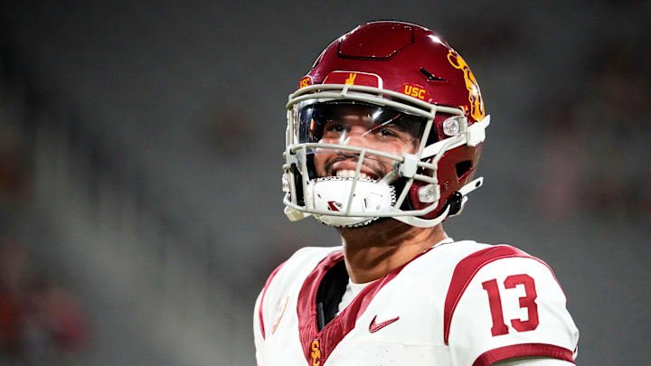 USC Trojans quarterback Caleb Williams (13) during the pregame warmup before playing the Arizona