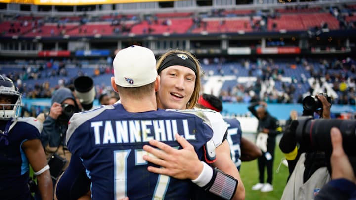 Dec 11, 2022; Nashville, Tennessee, USA; Tennessee Titans quarterback Ryan Tannehill (17) hugs