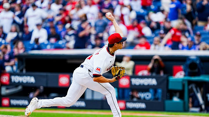 Cleveland Guardians starting pitcher Joey Cantillo (54) delivers a pitch during the home opening game against the Chicago Cubs, April 4, 2026, at Progressive Field in Cleveland, Ohio.