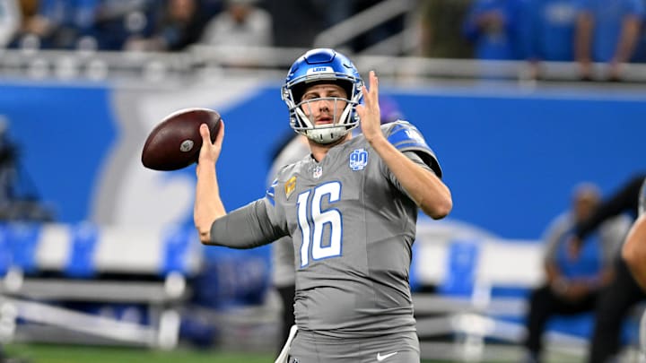 Jan 7, 2024; Detroit, Michigan, USA; Detroit Lions quarterback Jared Goff (16) warms up prior to