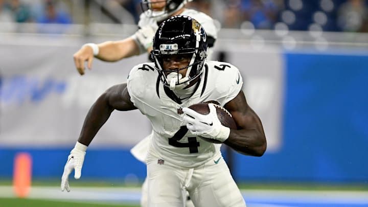 Aug 19, 2023; Detroit, Michigan, USA; Jacksonville Jaguars running back Tank Bigsby (4) runs the