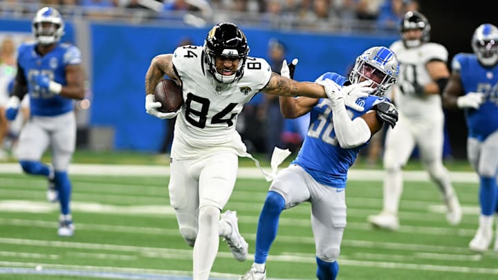 Aug 19, 2023; Detroit, Michigan, USA; Jacksonville Jaguars wide receiver Elijah Cooks (84) stiff