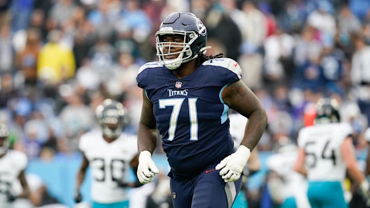 Dec 11, 2022; Nashville, Tennessee, USA; Tennessee Titans guard Dennis Daley (71) leaves the field during the third quarter at Nissan Stadium. Mandatory Credit: George Walker IV/The Tennessean-Imagn Images