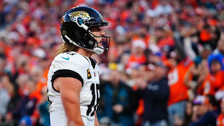 Dec 21, 2025; Denver, Colorado, USA; Jacksonville Jaguars quarterback Trevor Lawrence (16) reacts after rushing for a touchdown against the Denver Broncos during the second half at Empower Field at Mile High. Mandatory Credit: Ron Chenoy-Imagn Images Dec 21, 2025; Denver, Colorado, USA; Jacksonville Jaguars quarterback Trevor Lawrence (16) reacts after rushing for a touchdown against the Denver Broncos during the second half at Empower Field at Mile High. Mandatory Credit: Ron Chenoy-Imagn Images
