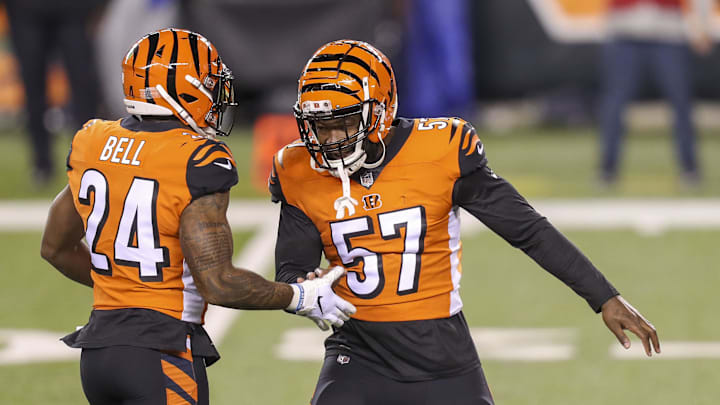 Dec 21, 2020; Cincinnati, Ohio, USA; Cincinnati Bengals safety Vonn Bell (24) reacts with linebacker