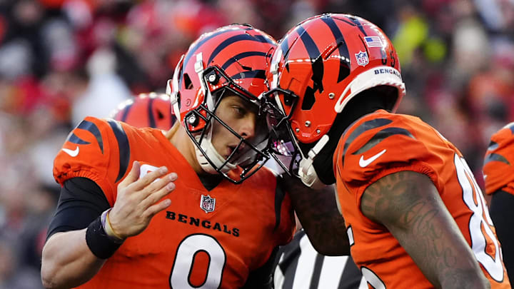 Dec 4, 2022; Cincinnati, Ohio, USA; The Bengals celebrate a QB sneak touchdown by quarterback Joe