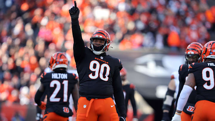 Dec 22, 2024; Cincinnati, Ohio, USA; Cincinnati Bengals defensive tackle Kris Jenkins Jr. (90) celebrates a sack during the first quarter against the Cleveland Browns at Paycor Stadium. Mandatory Credit: Joseph Maiorana-Imagn Images