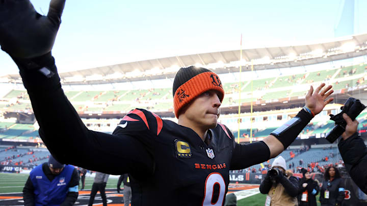 Dec 22, 2024; Cincinnati, Ohio, USA; Cincinnati Bengals quarterback Joe Burrow (9) celebrates a win against the Cleveland Browns at Paycor Stadium. Mandatory Credit: Joseph Maiorana-Imagn Images Dec 22, 2024; Cincinnati, Ohio, USA; Cincinnati Bengals quarterback Joe Burrow (9) celebrates a win against the Cleveland Browns at Paycor Stadium. Mandatory Credit: Joseph Maiorana-Imagn Images