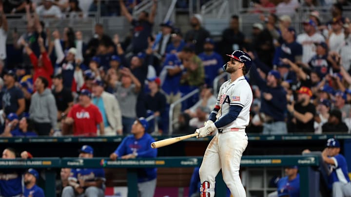 Mar 17, 2026; Miami, FL, United States;United States first baseman Bryce Harper (24) hits a two run home run against Venezuela in the eighth inning during the 2026 World Baseball Classic Championship game at loanDepot Park. Mandatory Credit: Sam Navarro-Imagn Images