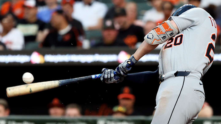 Jun 11, 2025; Baltimore, Maryland, USA; Detroit Tigers first baseman Spencer Torkelson (20) hits a single during the seventh inning against the Baltimore Orioles at Oriole Park at Camden Yards. Mandatory Credit: Daniel Kucin Jr.-Imagn Images
