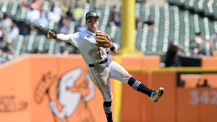 Apr 23, 2026; Detroit, Michigan, USA;  Detroit Tigers third baseman Kevin McGonigle (7) makes a throw on the run to get out a Milwaukee Brewers hitter at first base in the fourth inning at Comerica Park. Mandatory Credit: Lon Horwedel-Imagn Images