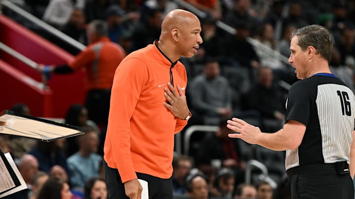Mar 22, 2024; Detroit, Michigan, USA; Detroit Pistons head coach Monty Williams argues a call