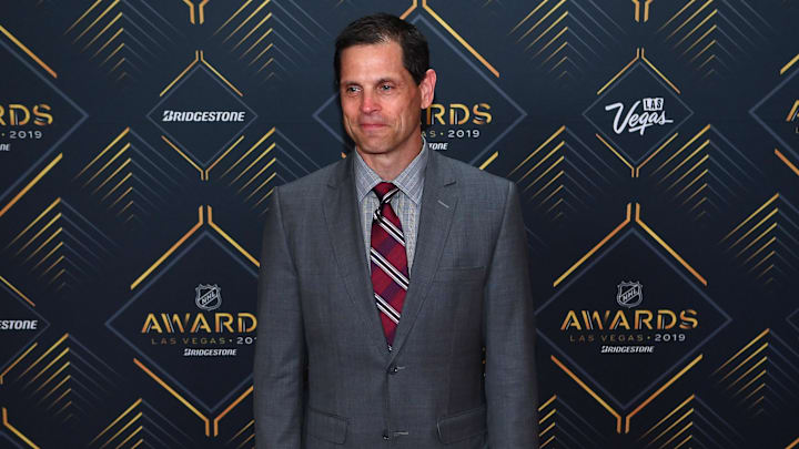 Jun 19, 2019; Las Vegas, NV, USA; Don Sweeney is pictured on the red carpet during the 2019 NHL Awards at Mandalay Bay. Mandatory Credit: Stephen R. Sylvanie-Imagn Images