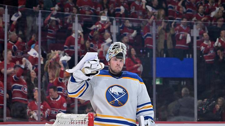 May 12, 2026; Montreal, Quebec, CAN; Buffalo Sabres goalie Ukko-Pekka Luukkonen (1) reacts after the goal scored by Montreal Canadiens forward Cole Caufield (13) (not pictured) during the first period in game four of the second round of the 2026 Stanley Cup Playoffs at Bell Centre. Mandatory Credit: Eric Bolte-Imagn Images