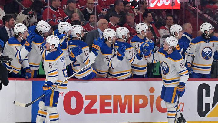 May 12, 2026; Montreal, Quebec, CAN; Buffalo Sabres forward Zach Benson (6) celebrates with teammates including forward Josh Doan (91) after scoring a goal against the Montreal Canadiens during the third period in game four of the second round of the 2026 Stanley Cup Playoffs at Bell Centre. Mandatory Credit: Eric Bolte-Imagn Images