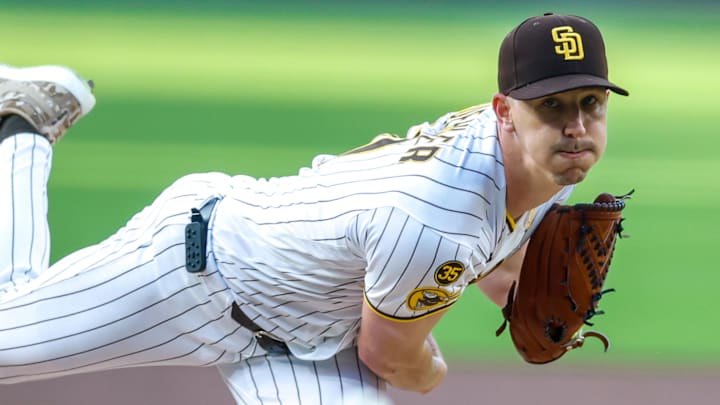 Apr 16, 2026; San Diego, California, USA; San Diego Padres starting pitcher Walker Buehler (10) throws a pitch during the first inning against the Seattle Mariners at Petco Park. Mandatory Credit: David Frerker-Imagn Images