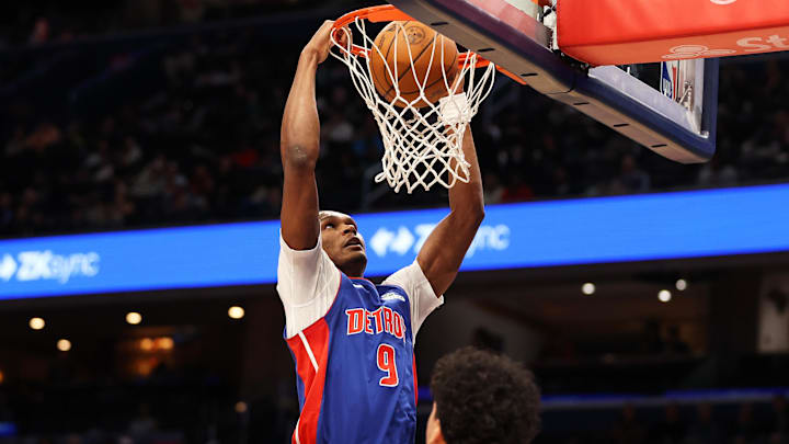 Mar 17, 2026; Washington, District of Columbia, USA; Detroit Pistons guard Ausar Thompson (9) dunks over Washington Wizards guard Will Riley (27) during the first half at Capital One Arena. Mandatory Credit: Daniel Kucin Jr.-Imagn Images Mar 17, 2026; Washington, District of Columbia, USA; Detroit Pistons guard Ausar Thompson (9) dunks over Washington Wizards guard Will Riley (27) during the first half at Capital One Arena. Mandatory Credit: Daniel Kucin Jr.-Imagn Images
