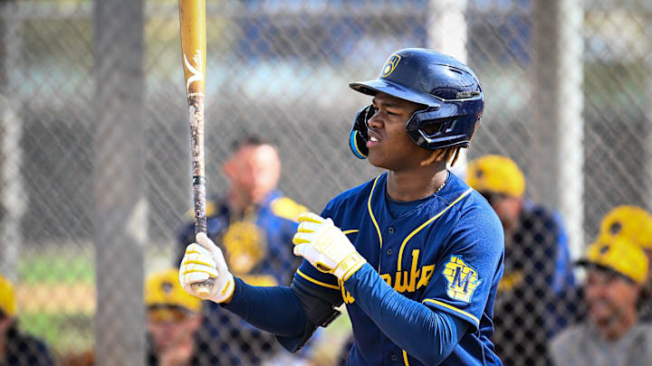 Milwaukee Brewers shortstop prospect Jesus Made prepares to hit during spring training workouts Monday, February 17, 2025, at American Family Fields of Phoenix in Phoenix, Arizona.