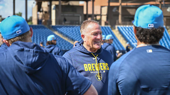 Milwaukee Brewers manager Pat Murphy talks with players during spring training workouts Tuesday, February 17, 2026, at American Family Fields of Phoenix in Phoenix, Arizona. Milwaukee Brewers manager Pat Murphy talks with players during spring training workouts Tuesday, February 17, 2026, at American Family Fields of Phoenix in Phoenix, Arizona.