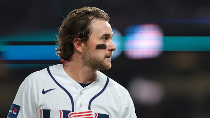 Mar 17, 2026; Miami, FL, United States; United States second baseman Brice Turang (13) in the third inning against Venezuela during the 2026 World Baseball Classic Championship game at loanDepot Park. Mandatory Credit: Sam Navarro-Imagn Images