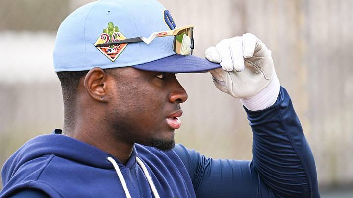 Milwaukee Brewers outfielder Luis Lara adjusts his cap during spring training workouts Monday, February 16, 2026, at American Family Fields of Phoenix in Phoenix, Arizona.