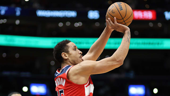 Feb 8, 2025; Washington, District of Columbia, USA; Washington Wizards guard Malcolm Brogdon (15) takes a shot during the second half at Capital One Arena. Mandatory Credit: Daniel Kucin Jr.-Imagn Images