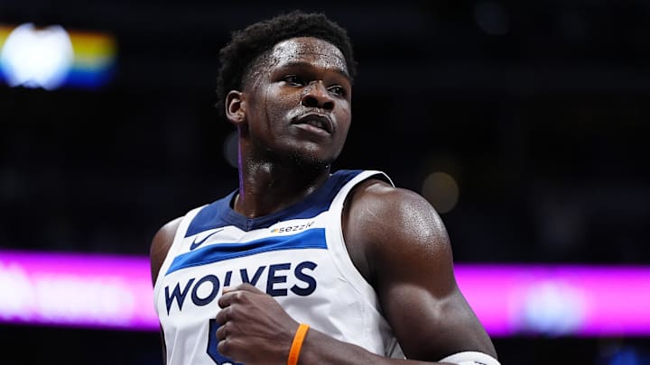 Dec 25, 2025; Denver, Colorado, USA; Minnesota Timberwolves guard Anthony Edwards (5) during the first half at Ball Arena. Mandatory Credit: Ron Chenoy-Imagn Images