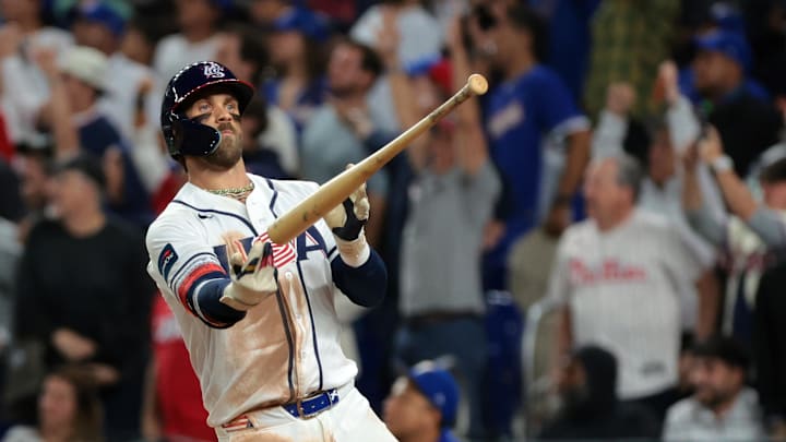 Mar 17, 2026; Miami, FL, United States;United States first baseman Bryce Harper (24) reacts after hitting a home run against Venezuela in the eighth inning during the 2026 World Baseball Classic Championship game at loanDepot Park. Mandatory Credit: Sam Navarro-Imagn Images