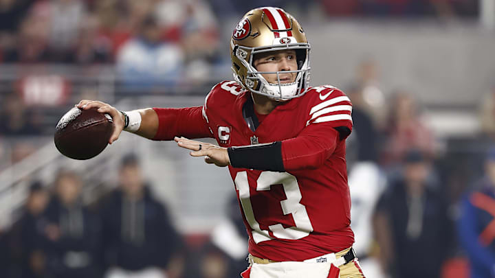 Nov 24, 2025; Santa Clara, California, USA; San Francisco 49ers quarterback Brock Purdy (13) drops back to pass against the Carolina Panthers during the first half at Levi's Stadium. Mandatory Credit: Kelley L Cox-Imagn Images