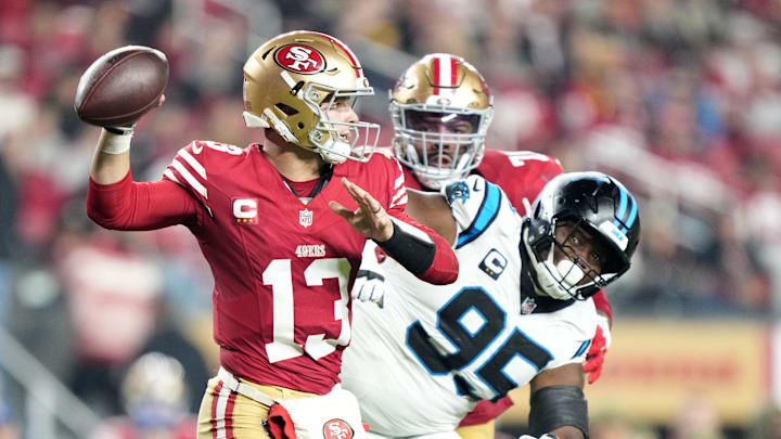 Nov 24, 2025; Santa Clara, California, USA; San Francisco 49ers quarterback Brock Purdy (13) drops back to pass against the Carolina Panthers during the first half at Levi's Stadium. Mandatory Credit: Kyle Terada-Imagn Images
