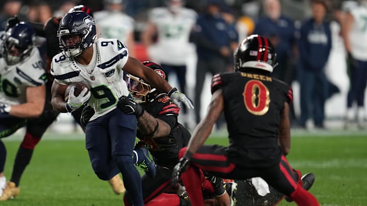 Jan 3, 2026; Santa Clara, California, USA; Seattle Seahawks running back Kenneth Walker III (9) rushes the ball against the San Francisco 49ers during the first half at Levi's Stadium. Mandatory Credit: Neville E. Guard-Imagn Images