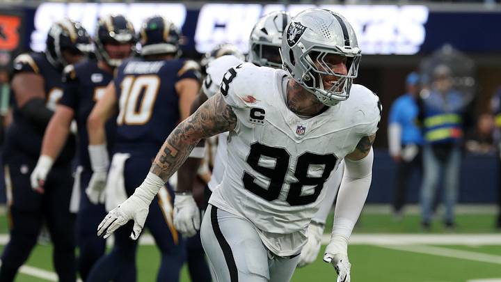 Nov 30, 2025; Inglewood, California, USA; Las Vegas Raiders defensive end Maxx Crosby (98) reacts after a tackle against the Los Angeles Chargers during the second half at SoFi Stadium. Mandatory Credit: Kiyoshi Mio-Imagn Images Nov 30, 2025; Inglewood, California, USA; Las Vegas Raiders defensive end Maxx Crosby (98) reacts after a tackle against the Los Angeles Chargers during the second half at SoFi Stadium. Mandatory Credit: Kiyoshi Mio-Imagn Images