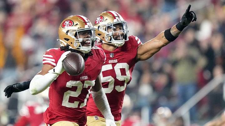 Nov 24, 2025; Santa Clara, California, USA; San Francisco 49ers safety Ji'Ayir Brown (27) reacts after an interception against the Carolina Panthers during the first half at Levi's Stadium. Mandatory Credit: Kyle Terada-Imagn Images Nov 24, 2025; Santa Clara, California, USA; San Francisco 49ers safety Ji'Ayir Brown (27) reacts after an interception against the Carolina Panthers during the first half at Levi's Stadium. Mandatory Credit: Kyle Terada-Imagn Images