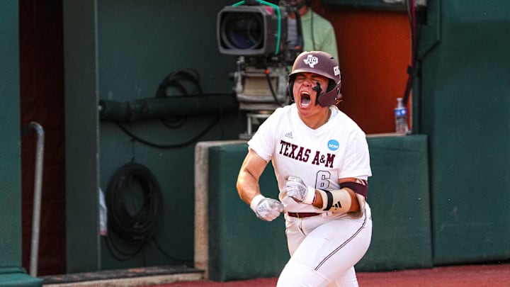 Texas A&M infielder Trinity Cannon (6) celebrates a home run during the NCAA Super Regional opener against the Texas Longhorns at Red & Charline McCombs Field on Friday, May 24, 2024 in Austin.