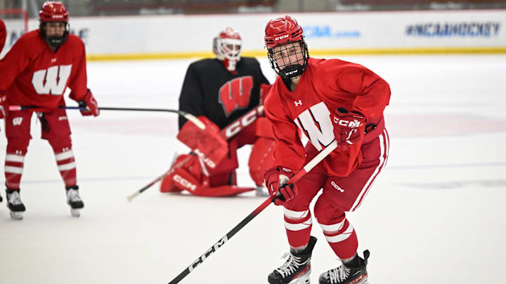 Wisconsin forward Kirsten Simms looks for a shot during women’s hockey practice Wednesday, September 17, 2025, at LaBahn Arena in Madison, Wisconsin.