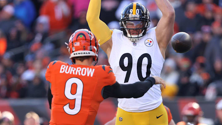 Dec 1, 2024; Cincinnati, Ohio, USA; Pittsburgh Steelers linebacker T.J. Watt (90) attempts to block the pass from Cincinnati Bengals quarterback Joe Burrow (9) during the first quarter at Paycor Stadium. Mandatory Credit: Joseph Maiorana-Imagn Images Dec 1, 2024; Cincinnati, Ohio, USA; Pittsburgh Steelers linebacker T.J. Watt (90) attempts to block the pass from Cincinnati Bengals quarterback Joe Burrow (9) during the first quarter at Paycor Stadium. Mandatory Credit: Joseph Maiorana-Imagn Images