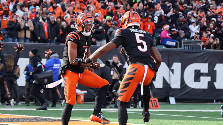 Dec 22, 2024; Cincinnati, Ohio, USA;  Cincinnati Bengals wide receiver Ja'Marr Chase (1) celebrates a touchdown  with wide receiver Tee Higgins (5) during the first quarter against the Cleveland Browns at Paycor Stadium. Mandatory Credit: Joseph Maiorana-Imagn Images