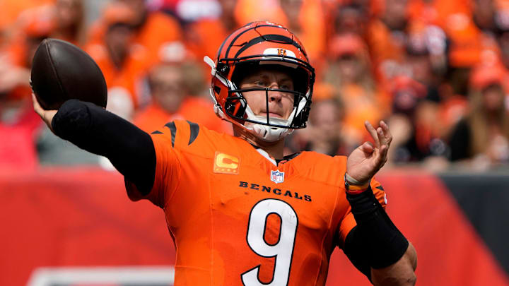 Cincinnati Bengals quarterback Joe Burrow (9) makes a throw the 3rd quarter of the Bengals home opener against the New England Patriots at Paycor Stadium Sunday, September 8, 2024. The Bengals lost 10-16.