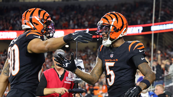Dec 28, 2024; Cincinnati, Ohio, USA;  Cincinnati Bengals wide receiver Tee Higgins (5) celebrates with wide receiver Andrei Iosivas (80) after a touchdown pass reception against the Denver Broncos during the second quarter at Paycor Stadium. Mandatory Credit: Joseph Maiorana-Imagn Images