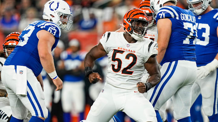 Cincinnati Bengals defensive end Cedric Johnson (52) celebrates taking down Indianapolis Colts quarterback Sam Ehlinger (4) in the second quarter of the NFL preseason game at Paycor Stadium in Cincinnati on Thursday, Aug. 22, 2024. Cincinnati Bengals defensive end Cedric Johnson (52) celebrates taking down Indianapolis Colts quarterback Sam Ehlinger (4) in the second quarter of the NFL preseason game at Paycor Stadium in Cincinnati on Thursday, Aug. 22, 2024.